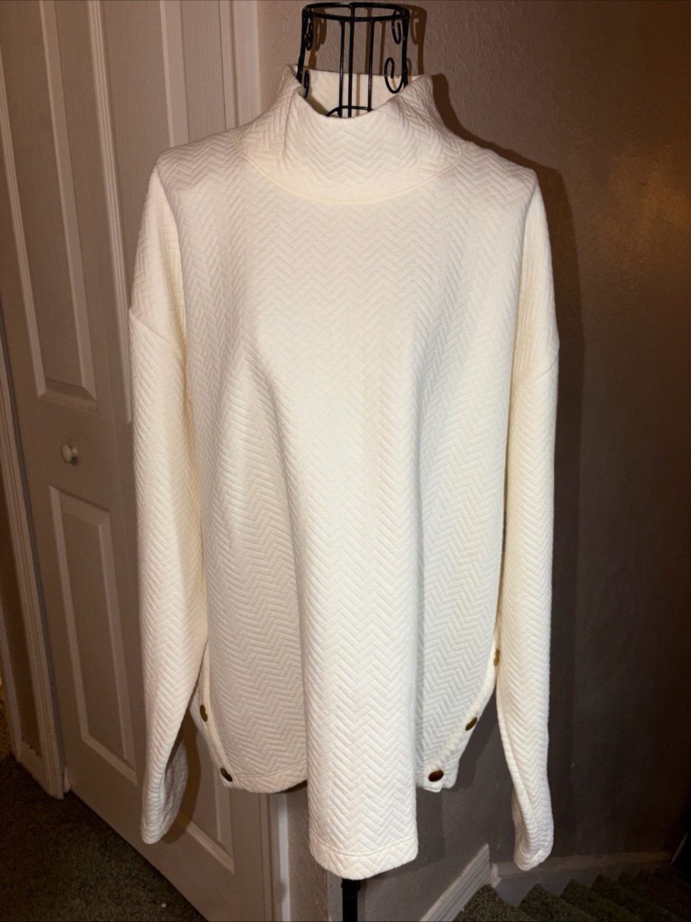 J. Crew Cream Chevron Turtleneck Sweater with Side Button Accents